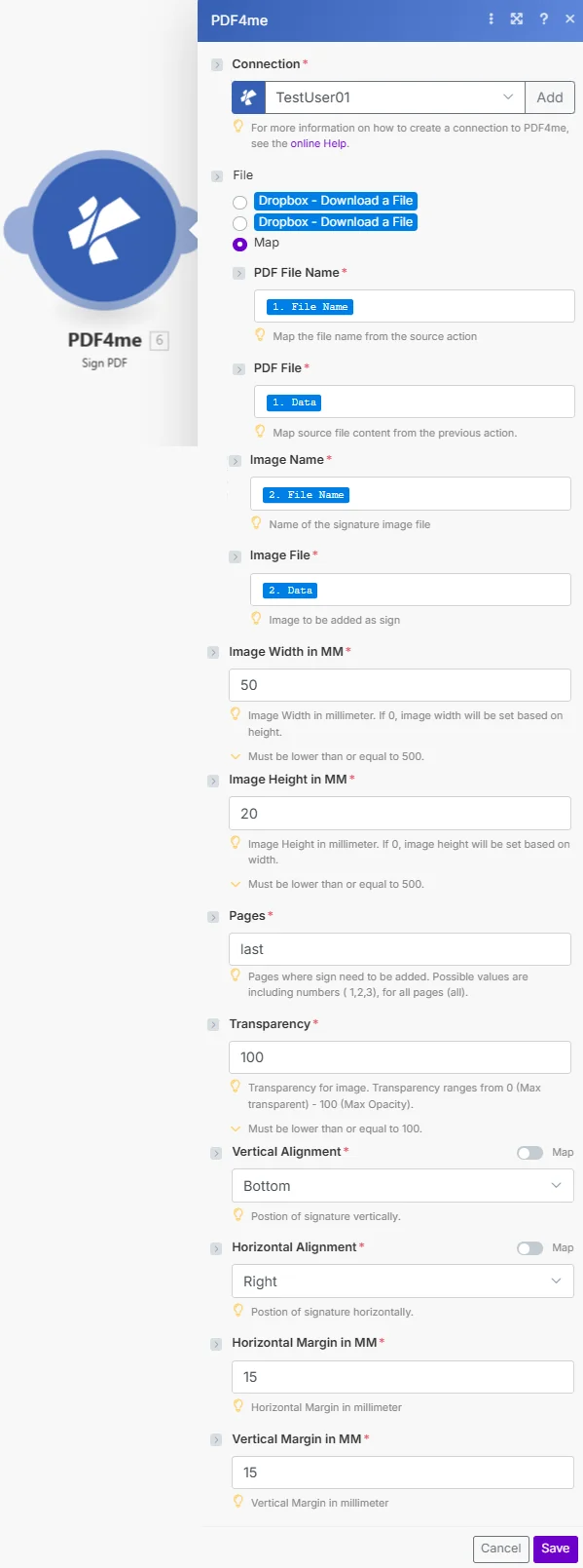 Firma la configurazione del modulo PDF in Make, che mostra il nome del file PDF, il file immagine, l'allineamento orizzontale impostato su Destra, l'allineamento verticale impostato su In basso e le pagine impostate su ultime
